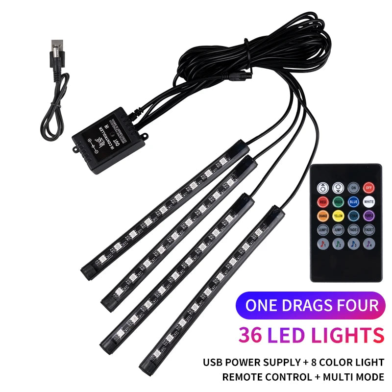 Neon LED Car Interior Ambient Foot Strip Light Kit Accessories RGB Backlight Remote App Music Control Auto Decorative Lamp