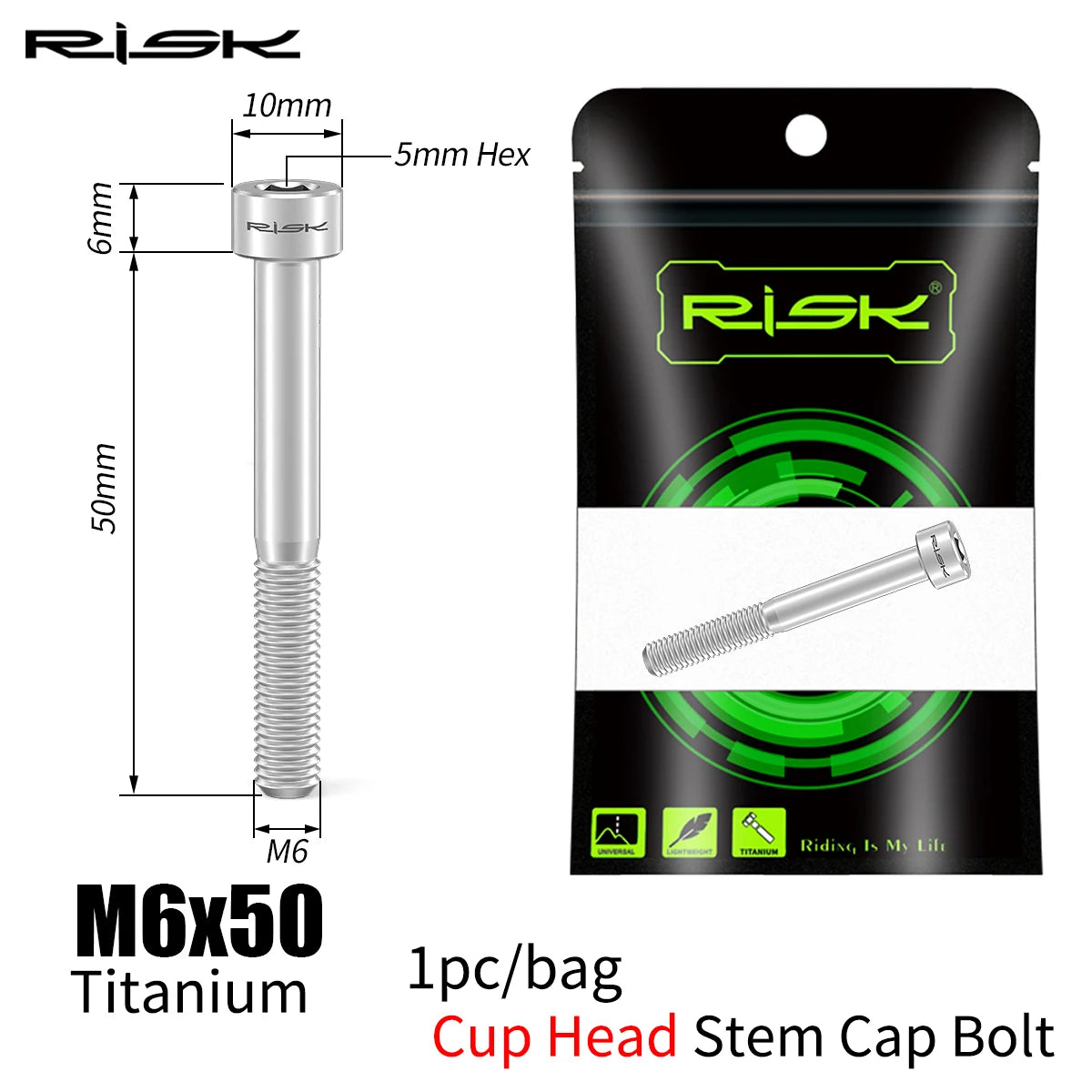RISK Bike Titanium Bolt Screw M6x30 M6x35 M6x40 M6x50 for Bicycle Headset Stem Cap Cover Disc Brake Caliper Flat Allen Head