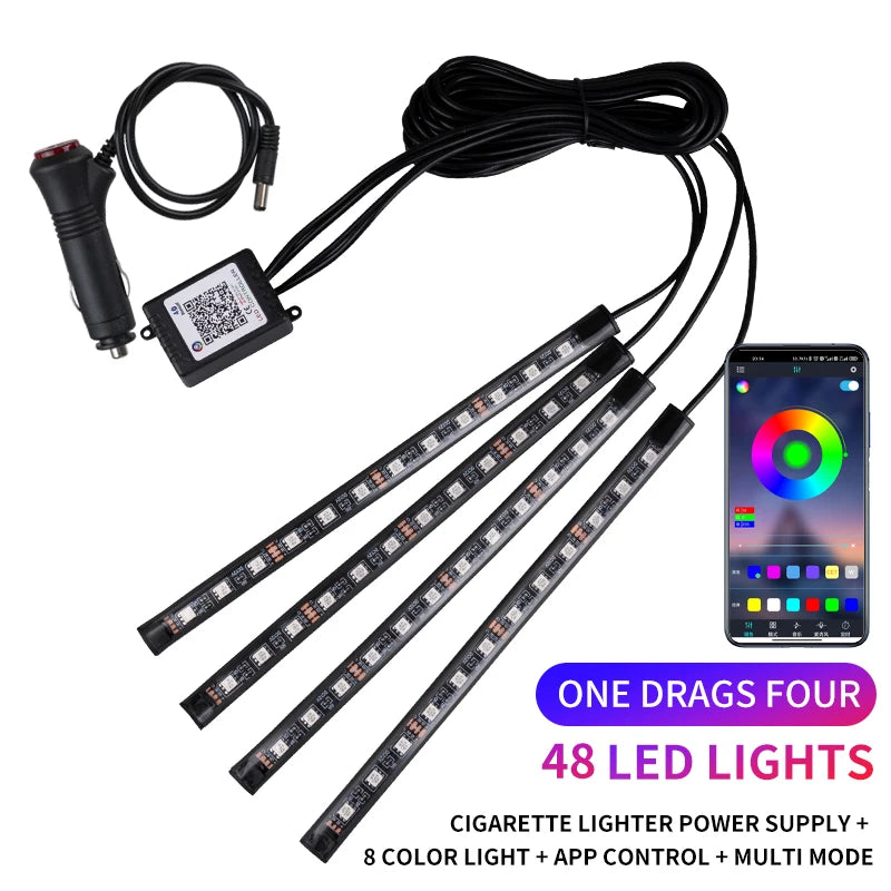 Neon LED Car Interior Ambient Foot Strip Light Kit Accessories RGB Backlight Remote App Music Control Auto Decorative Lamp