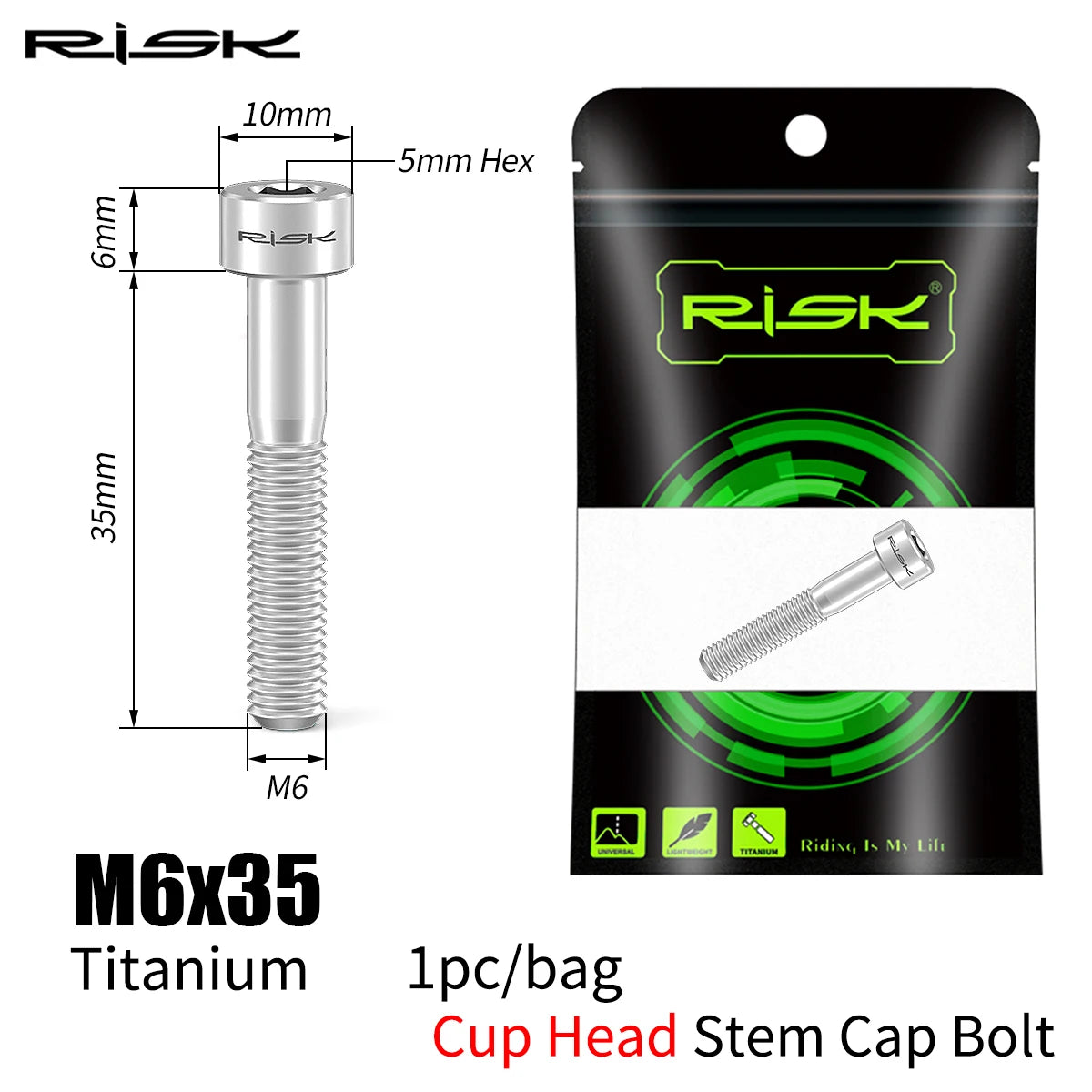 RISK Bike Titanium Bolt Screw M6x30 M6x35 M6x40 M6x50 for Bicycle Headset Stem Cap Cover Disc Brake Caliper Flat Allen Head