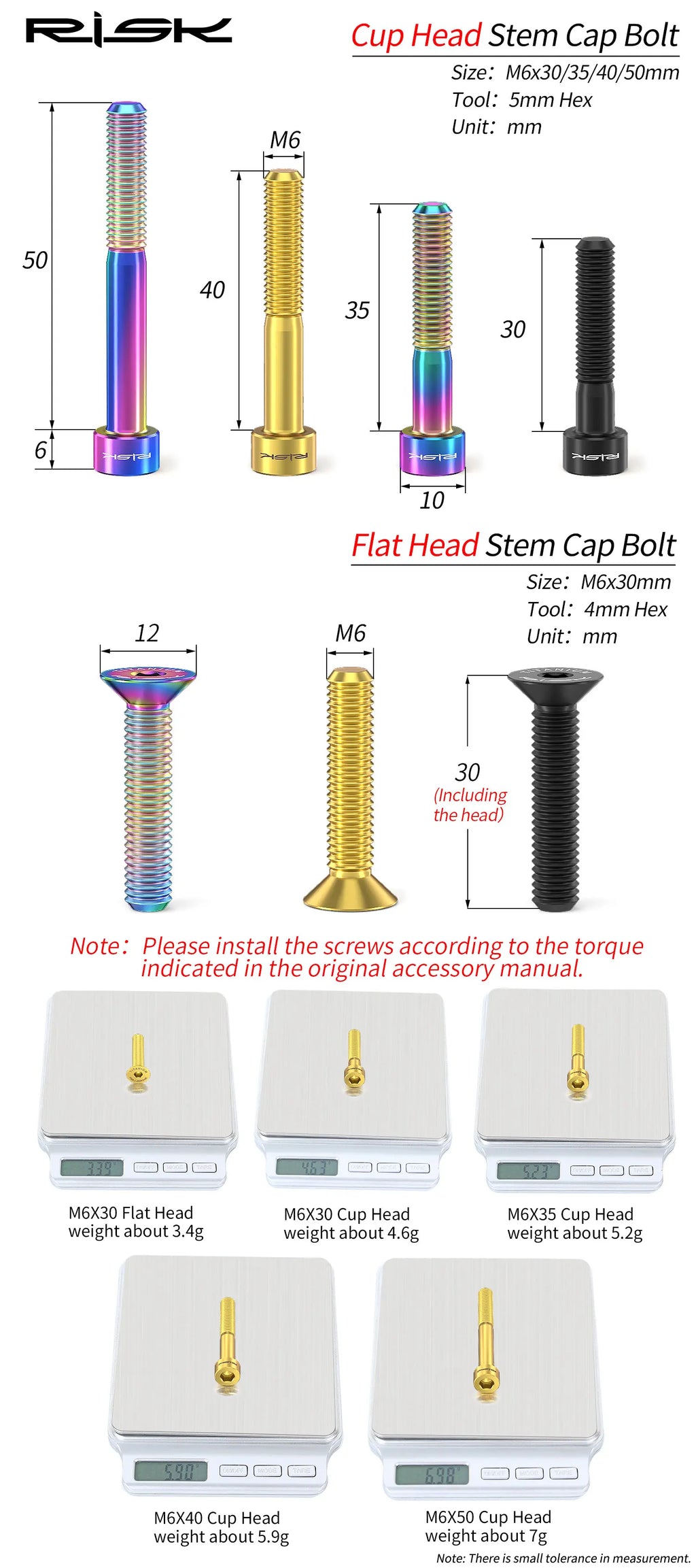 RISK Bike Titanium Bolt Screw M6x30 M6x35 M6x40 M6x50 for Bi