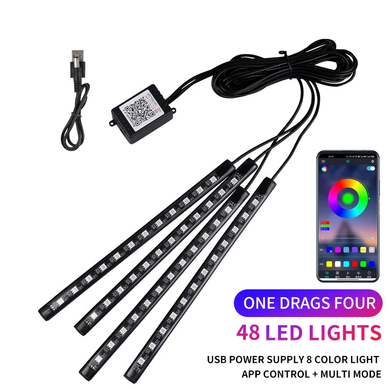 Neon LED Car Interior Ambient Foot Strip Light Kit Accessories RGB Backlight Remote App Music Control Auto Decorative Lamp