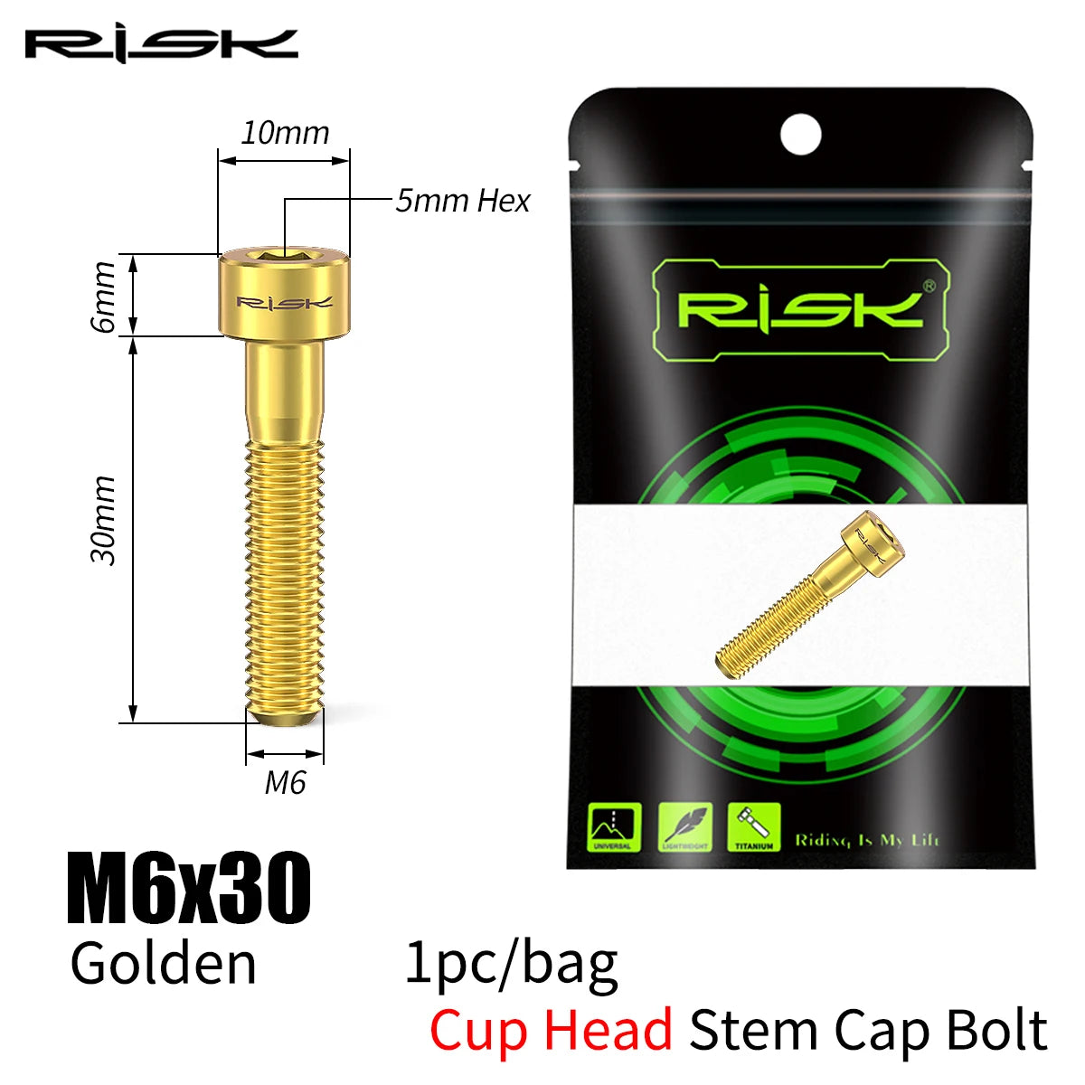 RISK Bike Titanium Bolt Screw M6x30 M6x35 M6x40 M6x50 for Bicycle Headset Stem Cap Cover Disc Brake Caliper Flat Allen Head