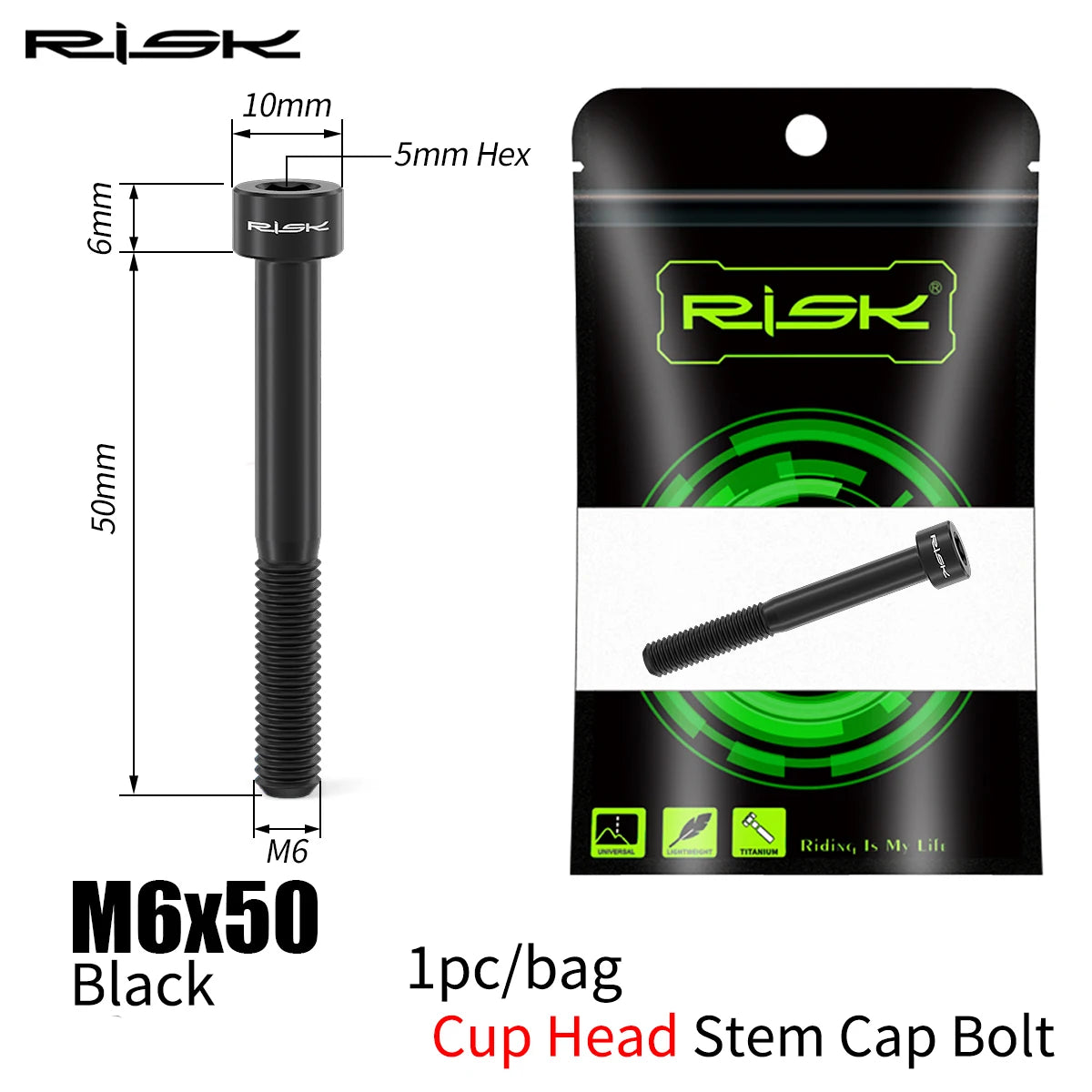 RISK Bike Titanium Bolt Screw M6x30 M6x35 M6x40 M6x50 for Bicycle Headset Stem Cap Cover Disc Brake Caliper Flat Allen Head