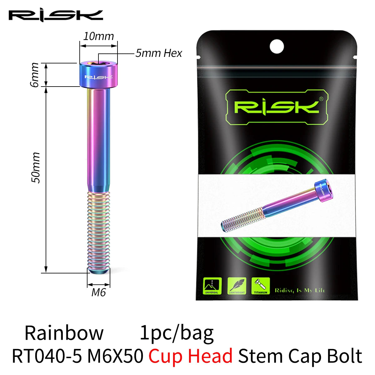 RISK Bike Titanium Bolt Screw M6x30 M6x35 M6x40 M6x50 for Bicycle Headset Stem Cap Cover Disc Brake Caliper Flat Allen Head