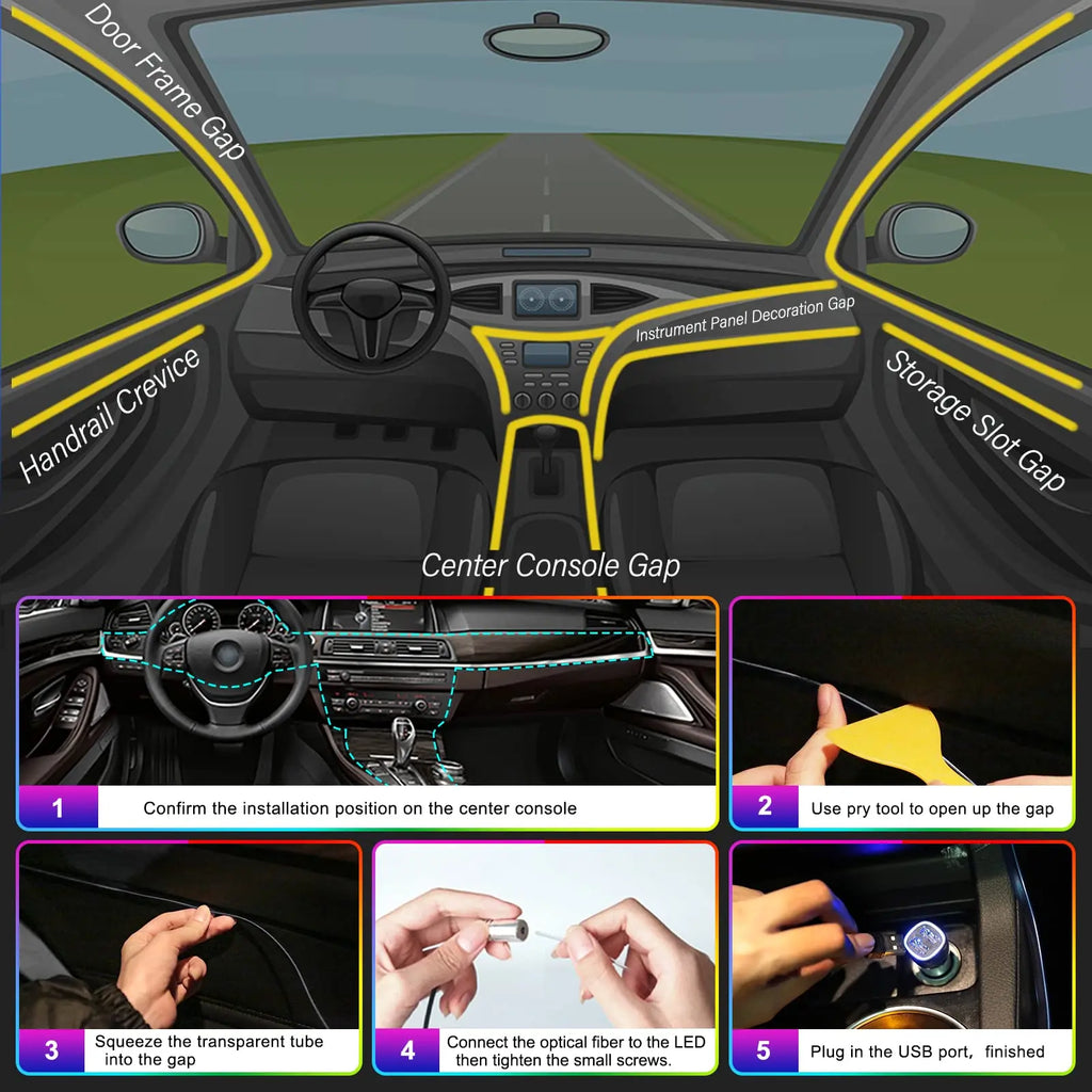 LED Car Interior Ambient Strip Lights RGB Fiber Optic Atmosp