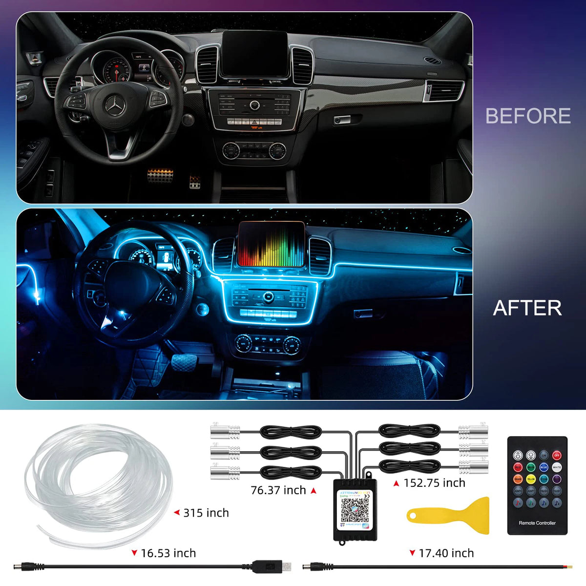 LED Car Interior Ambient Strip Lights RGB Fiber Optic Atmosp