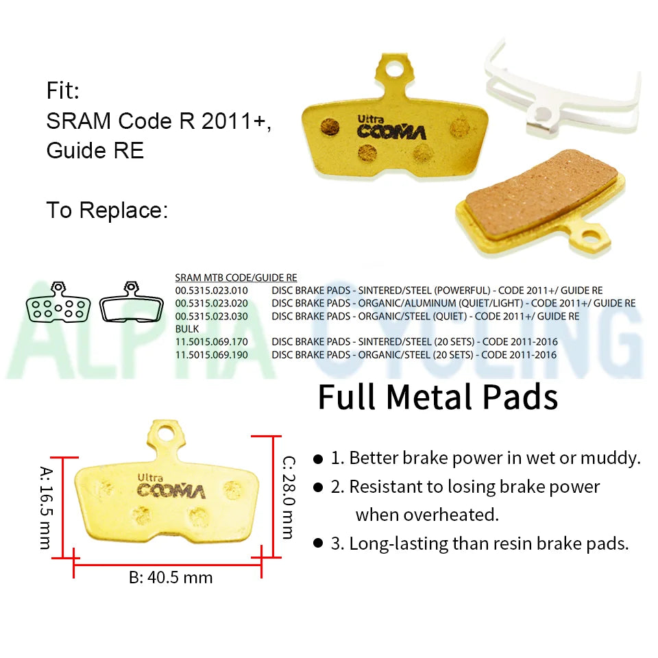4 Pairs Full Metal Bicycle Disc Brake Pads for SRAM Code R S