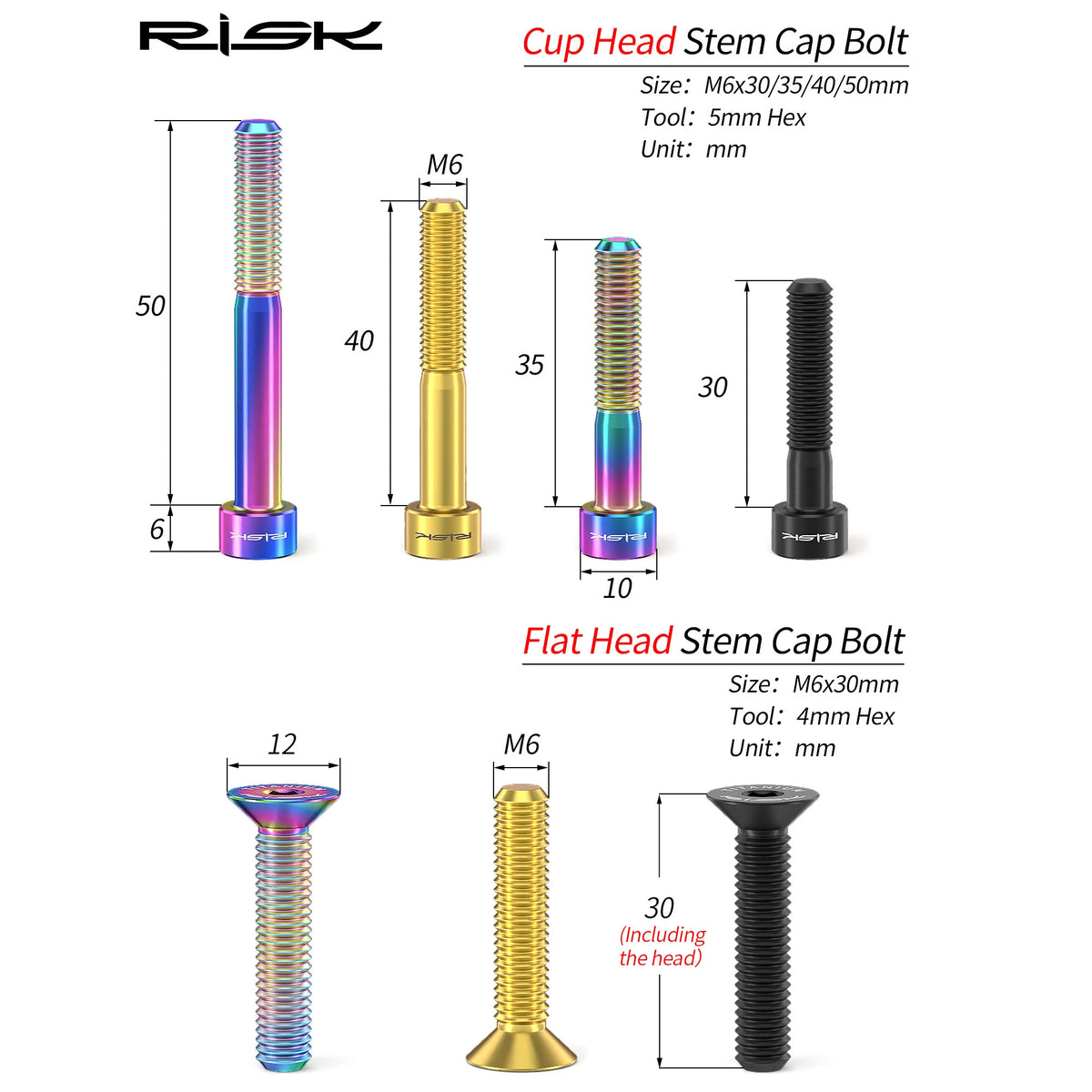 RISK Bike Titanium Bolt Screw M6x30 M6x35 M6x40 M6x50 for Bi