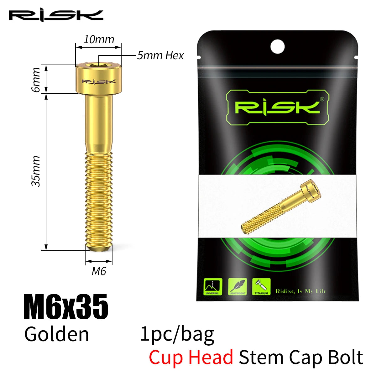 RISK Bike Titanium Bolt Screw M6x30 M6x35 M6x40 M6x50 for Bicycle Headset Stem Cap Cover Disc Brake Caliper Flat Allen Head