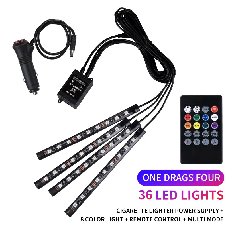 Neon LED Car Interior Ambient Foot Strip Light Kit Accessories RGB Backlight Remote App Music Control Auto Decorative Lamp