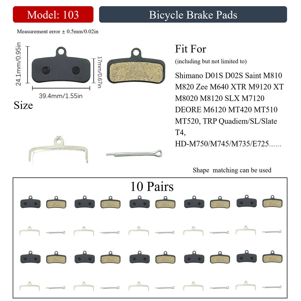 10 Pairs Multiple Models Bike Resin Disc Brake Pads MTB/Road/E-Scooters for Shimano XTR Deore Sram Level Code Guide Magura