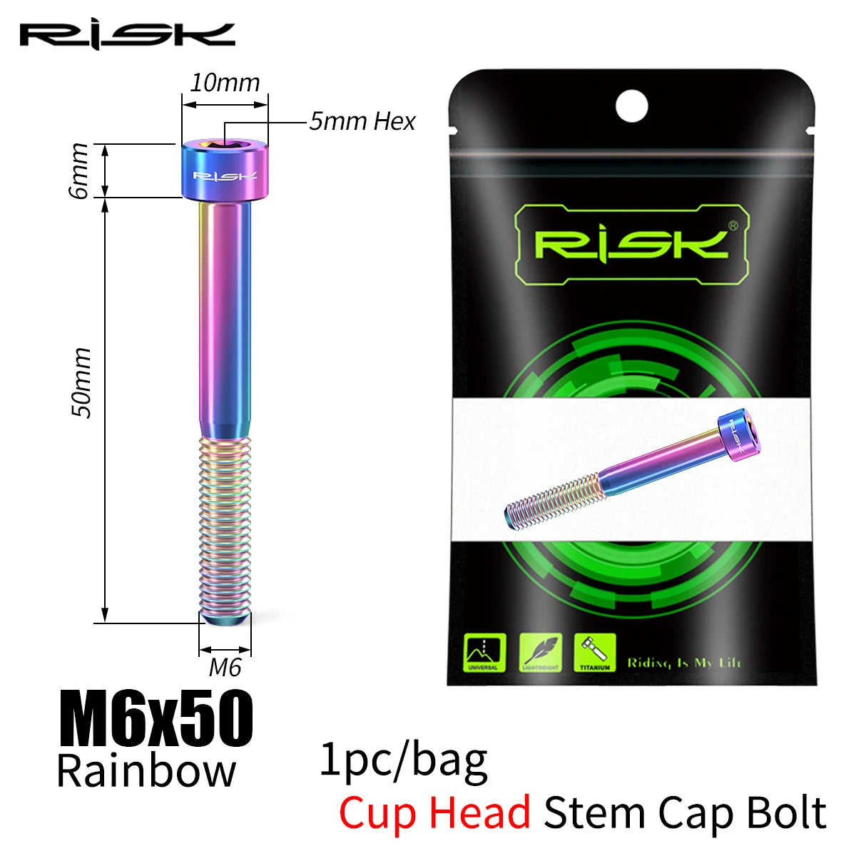 RISK Bike Titanium Bolt Screw M6x30 M6x35 M6x40 M6x50 for Bicycle Headset Stem Cap Cover Disc Brake Caliper Flat Allen Head