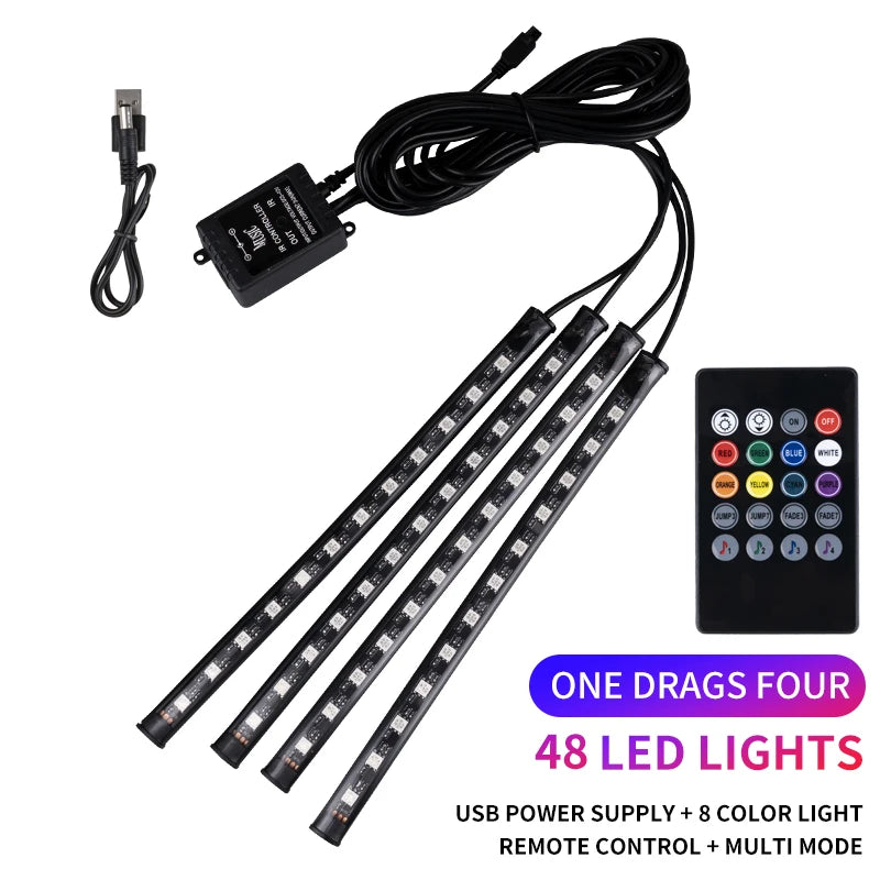 Neon LED Car Interior Ambient Foot Strip Light Kit Accessories RGB Backlight Remote App Music Control Auto Decorative Lamp