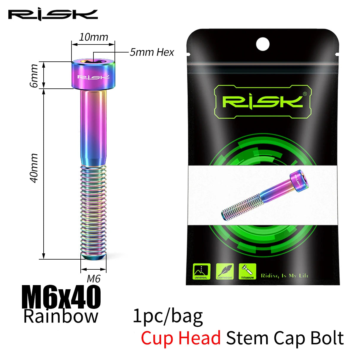RISK Bike Titanium Bolt Screw M6x30 M6x35 M6x40 M6x50 for Bicycle Headset Stem Cap Cover Disc Brake Caliper Flat Allen Head