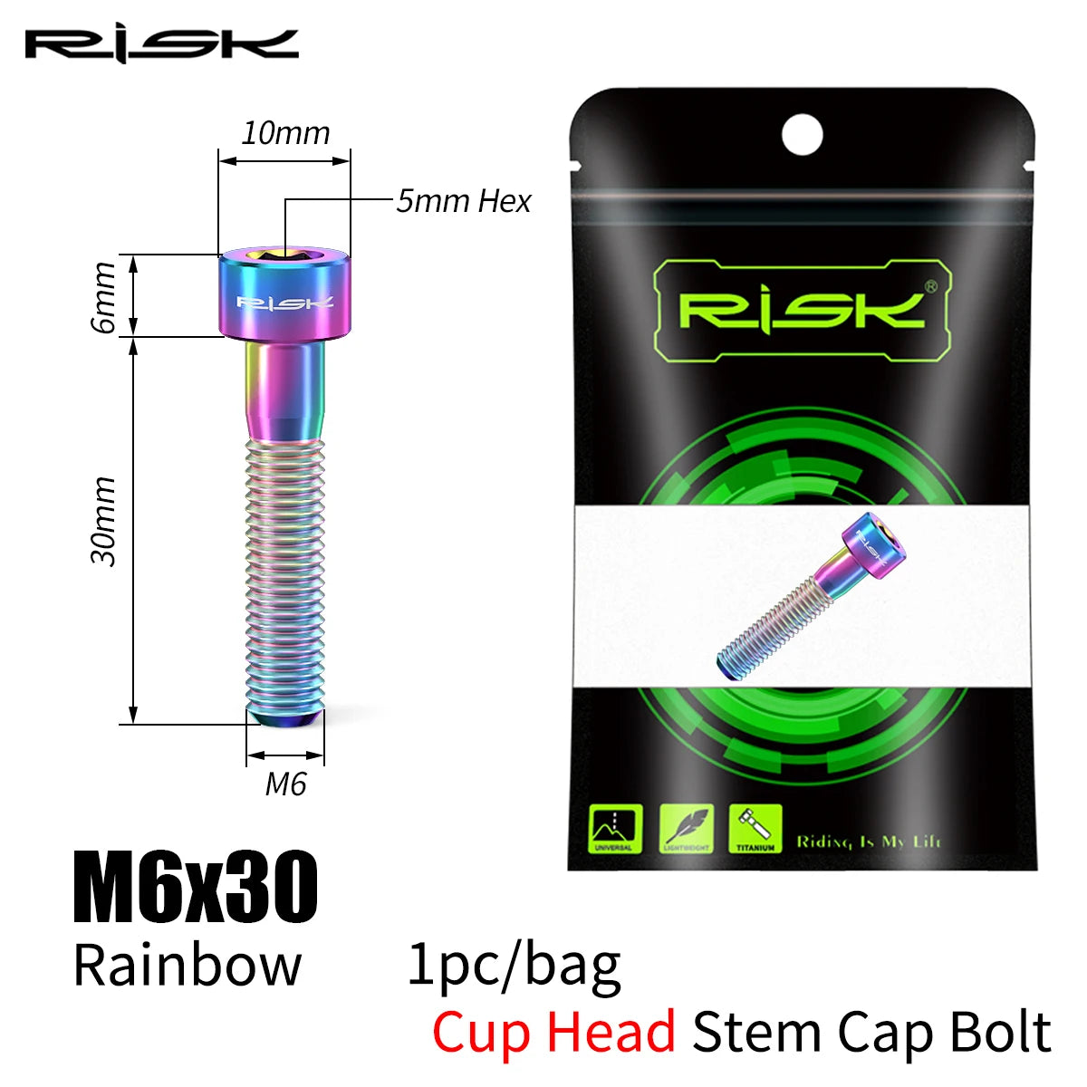 RISK Bike Titanium Bolt Screw M6x30 M6x35 M6x40 M6x50 for Bicycle Headset Stem Cap Cover Disc Brake Caliper Flat Allen Head