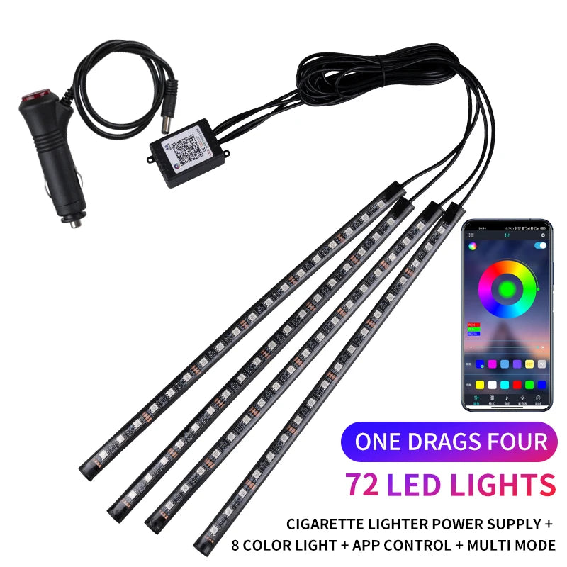 Neon LED Car Interior Ambient Foot Strip Light Kit Accessories RGB Backlight Remote App Music Control Auto Decorative Lamp
