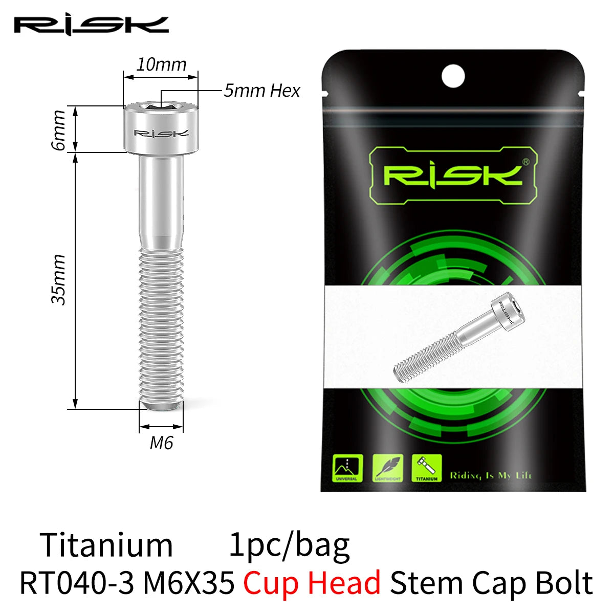 RISK Titanium Bicycle Screw Bike Headset Stem Cap Cover Bolt M6x30 M6x35 M6x40 M6x50 MTB Road Bike Disc Brake Caliper Bolt