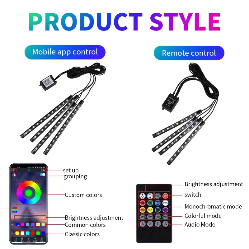 Neon LED Car Interior Ambient Foot Strip Light Kit Accessori