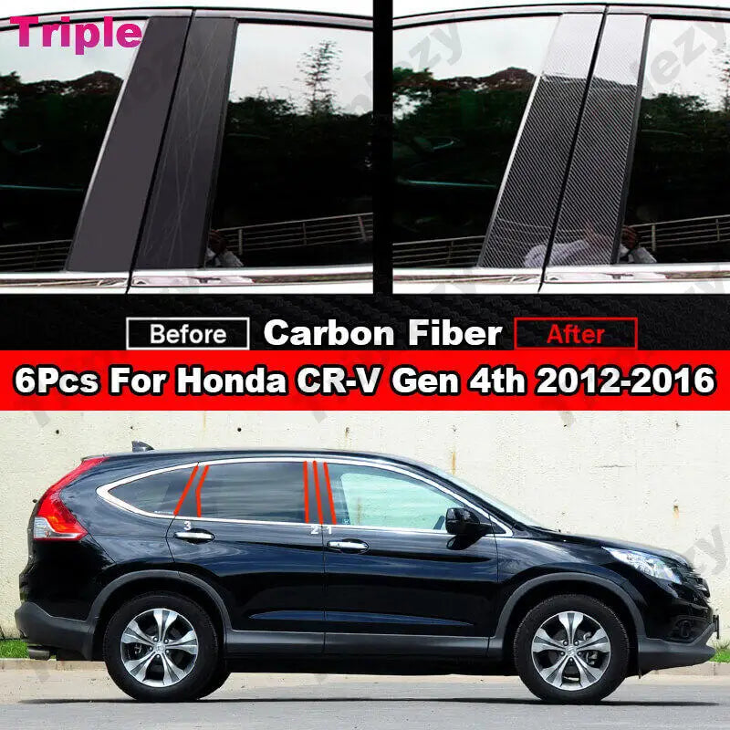 For Honda CRV CR-V Gen 4th 2012-2016 6Pcs Glossy Black/Chrome/Carbon Fiber Car Window Door Column B C Pillar Post Cover Trim