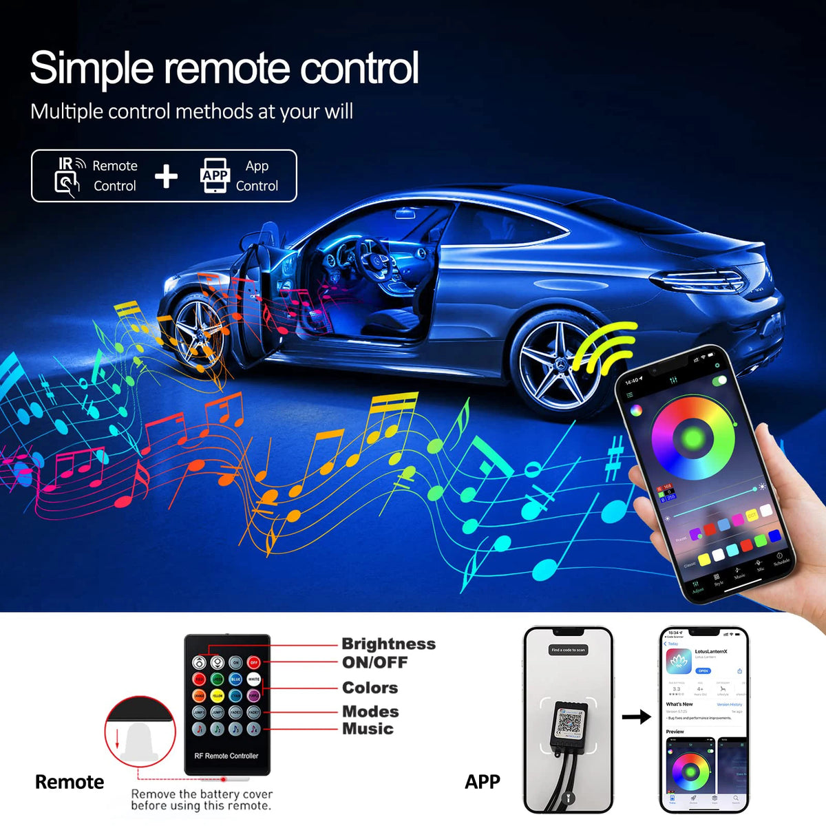 LED Car Interior Ambient Strip Lights RGB Fiber Optic Atmosp