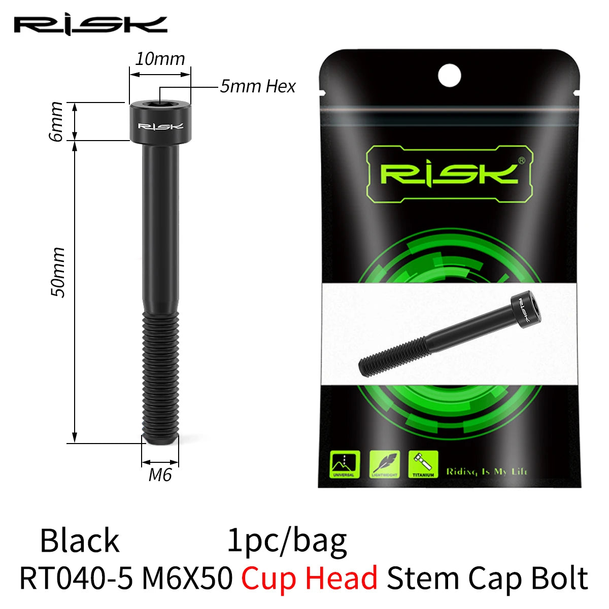 RISK Bike Titanium Bolt Screw M6x30 M6x35 M6x40 M6x50 for Bicycle Headset Stem Cap Cover Disc Brake Caliper Flat Allen Head